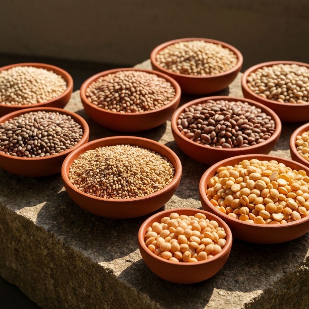 Various whole grains, legumes and seeds in ceramic bowls on stone