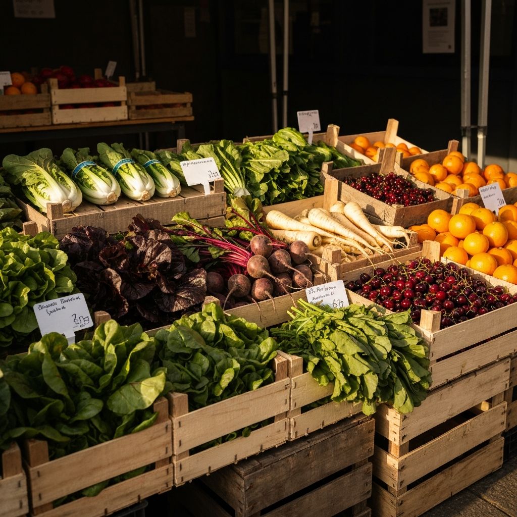 Fresh produce at a natural market stall with seasonal fruits and vegetables