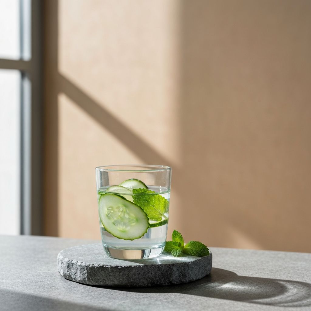 Clear glass of water with cucumber slices and fresh mint leaves